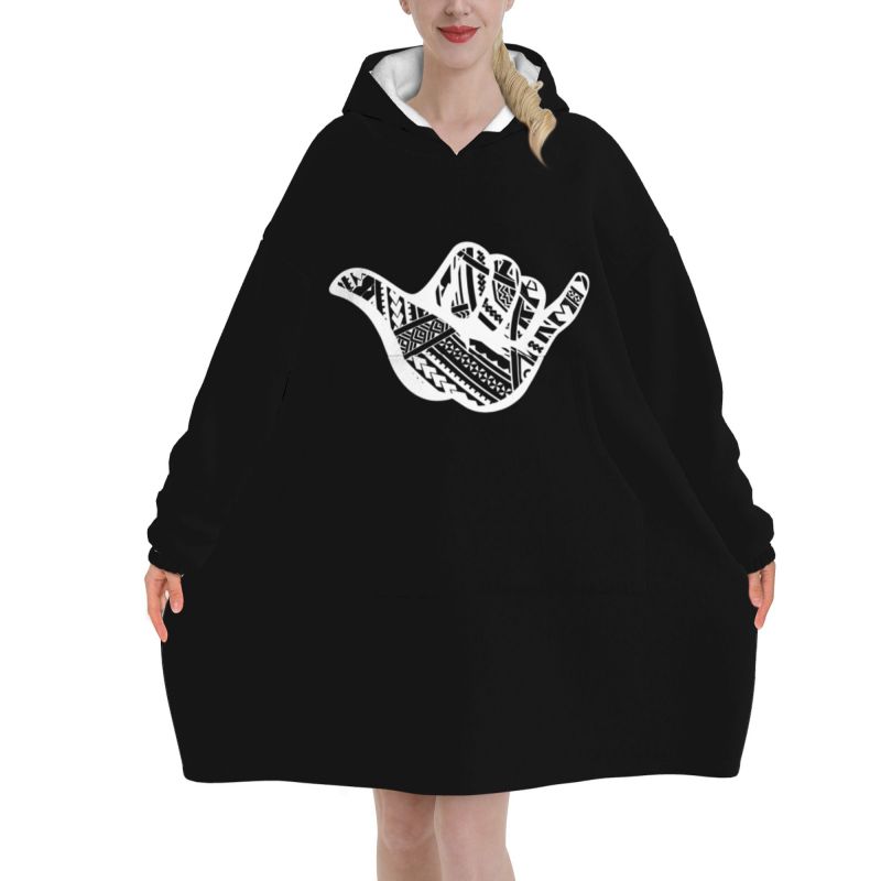 Sherpa Hoodie Fleece - เสื้อฮู้ดผ้าห่มลายชนเผ่าโพลินีเซียน ชาก้า สำหรับผู้หญิง สวมใส่สบาย ทรงโอเวอร์ไซส์ ผ้าฟลีซเชอร์ปาเนื้อนุ่ม