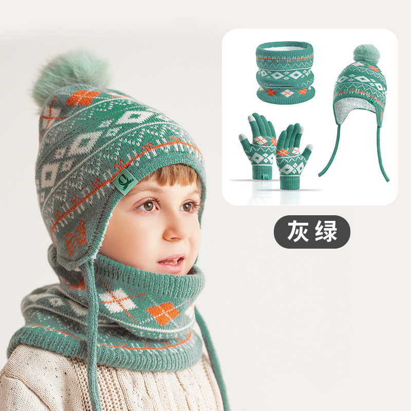 Knit Beanie Hat Warm - ชุดหมวกไหมพรม ผ้าพันคอ ถุงมือ 3-in-1 สำหรับเด็ก แบบหนานุ่ม