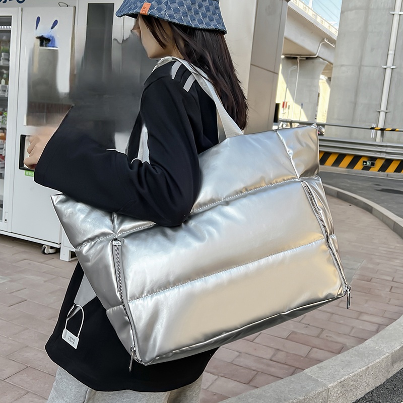 Down Jacket Packable - ผู้หญิง Y2k เงินไหล่กระเป๋าแฟชั่นเกาหลี Tote กระเป๋าขนาดใหญ่ความจุเบาะ Quilted