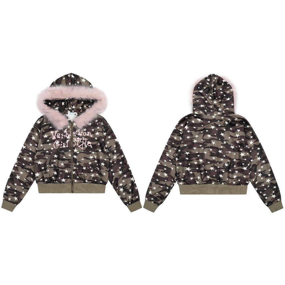 Sherpa Hoodie Fleece - เสื้อฮู้ดซิปผู้ชาย ลายพรางสไตล์ไฮสตรีท ทรงโอเวอร์ไซส์ ผ้าฟลีซซับขนเชอร์ปา สำหรับฤดูใบไม้ร่วงและฤดูหนาว สไตล์ลำลองแนวสตรีทวินเทจ