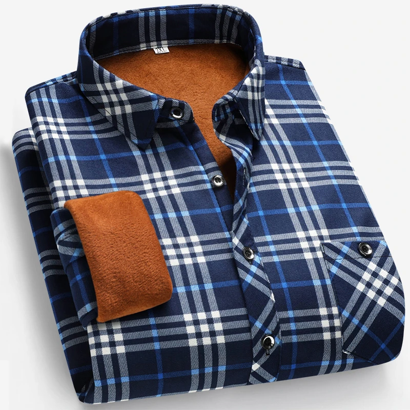 Flannel Shirt Lined - เสื้อเชิ้ตแขนยาวบุขนแกะสำหรับผู้ชายในฤดูใบไม้ร่วงและฤดูหนาว แฟชั่นลำลองสไตล์ธุรกิจ สวมใส่สบาย ไม่ต้องรีด ใช้งานได้หลากหลาย