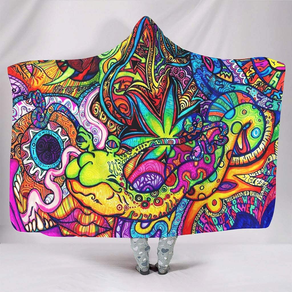 Sherpa Hoodie Fleece - บทคัดย่อ Bright Trippy Rainbow Hooded ผ้าห่มโยนเสื้อคลุม
