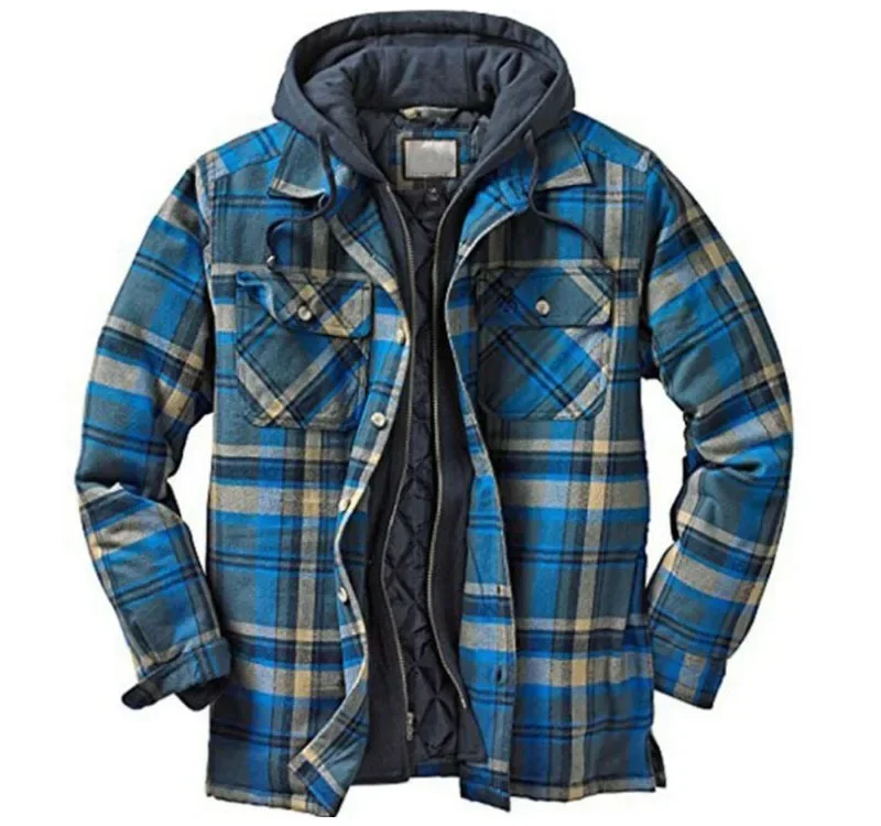 Flannel Shirt Lined - เสื้อแจ็คเก็ตผ้าแฟลนเนลลายสก็อตบุขนแกะสำหรับผู้ชาย เสื้อแจ็คเก็ตเชอร์ปาติดกระดุม มีฮู้ด แขนยาว เสื้อโค้ทกันหนาวมีฮู้ด