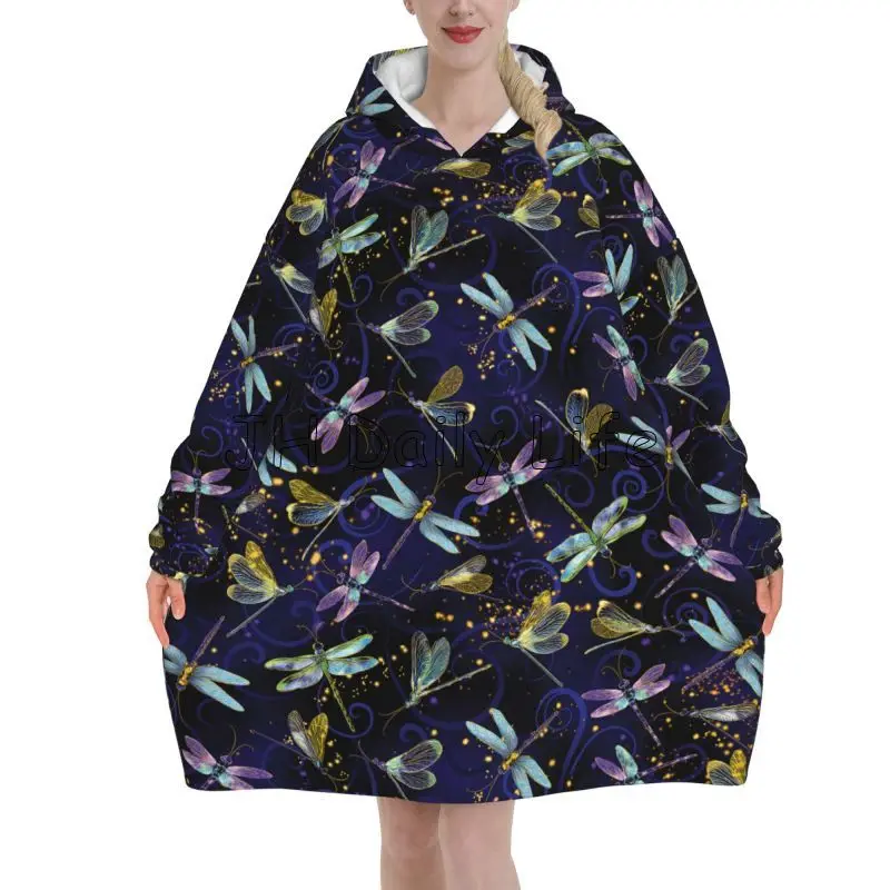 Sherpa Hoodie Fleece - Dragonfly Galaxy สวมใส่ผ้าห่ม Hoodie ผู้หญิง Sherpa