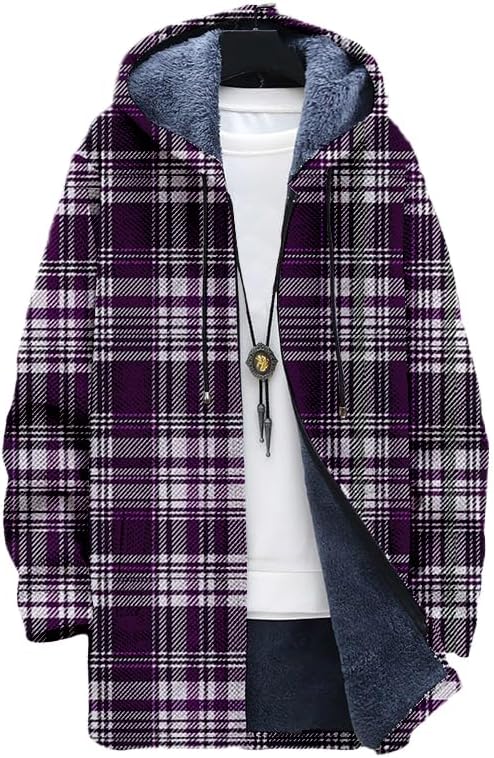 Sherpa Hoodie Fleece - เสื้อคาร์ดิแกนลายสก็อตผู้ชายทรงโอเวอร์ไซส์แบบมีซิป มีฮู้ดบุขนเฟลซ ซิปเชอร์ปา เสื้อแจ็คเก็ตฤดูหนาวใส่สบาย มีกระเป๋า