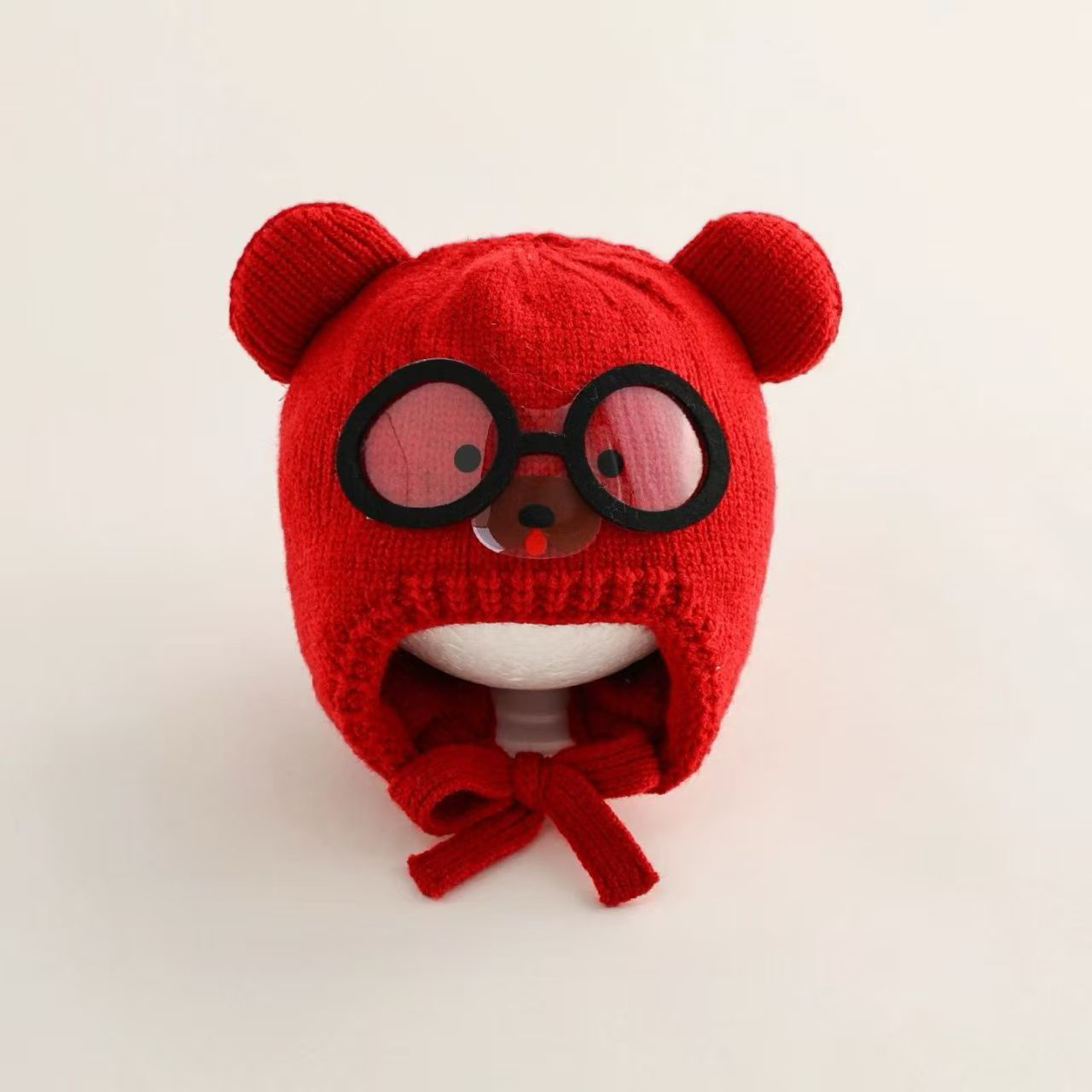 Knit Beanie Hat Warm - หมวกบีนนี่เด็กอุ่นสำหรับฤดูหนาว ลายการ์ตูนน่ารัก ถักจากผ้าขนสัตว์ ป้องกันหู มีเชือกผูก สำหรับเด็กชายและเด็กหญิง